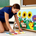**

A vibrant kindergarten classroom. Several 4-year-old children are happily working together on a large group art project, painting a mural of a sunny day with flowers and animals. A smiling teacher is kneeling beside them, gently guiding them. Focus on teamwork and positive interaction. The classroom is decorated with colorful, age-appropriate learning materials.

**