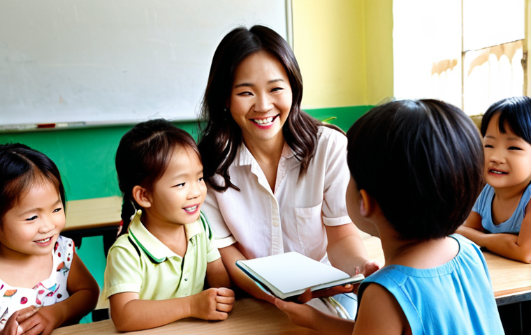 **Prompt 1: Subtle Observation in Early Childhood**
"A dedicated Vietnamese early childhood educator, with a focused and caring expression, subtly observing a group of cheerful Vietnamese children playing and learning in a brightly lit, well-organized preschool classroom. The teacher is discreetly holding a small notebook or a tablet, ready to capture specific, fleeting moments of a child's social interaction, emotional expression, or a new skill acquisition. The scene highlights the teacher's attentive presence and the natural, joyful activity of the children. Realistic style, warm and inviting atmosphere, natural lighting."