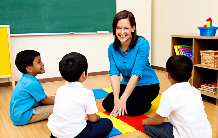 A professional female kindergarten teacher, fully clothed in a modest, comfortable professional top and trousers, is kneeling gracefully to interact with a diverse group of 4-5 young children (boys and girls, 4-5 years old) in a brightly lit, inviting kindergarten classroom. She is smiling genuinely, looking directly at the children, who are happily engaged in a creative activity like building with blocks or drawing. The classroom is filled with colorful, age-appropriate learning materials and comfortable child-sized furniture. The scene captures a moment of nurturing guidance and joyful learning, emphasizing the teacher's positive impact on child development. Soft, natural lighting. Professional photography, high resolution, perfect anatomy, correct proportions, natural pose, well-formed hands, proper finger count, natural body proportions, safe for work, appropriate content, fully clothed, modest, family-friendly.
