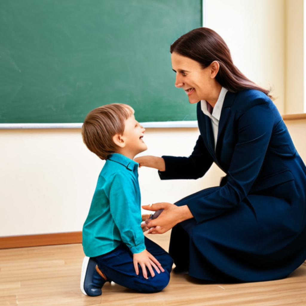 A kind, professional female preschool teacher, fully clothed in modest professional attire, gently kneeling to interact with a young child. The child, fully clothed in appropriate attire, is expressing an emotion, and the teacher is empathetically guiding them to understand their feelings. They are in a warm, inviting classroom with educational posters focused on emotions and a small, open picture book on emotional intelligence nearby. The scene is bathed in soft, natural light, emphasizing connection and nurturing. Professional photography, high quality, perfect anatomy, correct proportions, natural pose, well-formed hands, proper finger count, natural body proportions, safe for work, appropriate content, family-friendly.