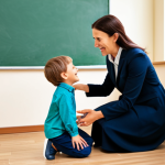 A kind, professional female preschool teacher, fully clothed in modest professional attire, gently kneeling to interact with a young child. The child, fully clothed in appropriate attire, is expressing an emotion, and the teacher is empathetically guiding them to understand their feelings. They are in a warm, inviting classroom with educational posters focused on emotions and a small, open picture book on emotional intelligence nearby. The scene is bathed in soft, natural light, emphasizing connection and nurturing. Professional photography, high quality, perfect anatomy, correct proportions, natural pose, well-formed hands, proper finger count, natural body proportions, safe for work, appropriate content, family-friendly.