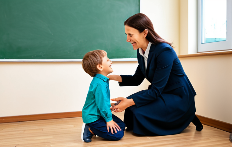 A kind, professional female preschool teacher, fully clothed in modest professional attire, gently kneeling to interact with a young child. The child, fully clothed in appropriate attire, is expressing an emotion, and the teacher is empathetically guiding them to understand their feelings. They are in a warm, inviting classroom with educational posters focused on emotions and a small, open picture book on emotional intelligence nearby. The scene is bathed in soft, natural light, emphasizing connection and nurturing. Professional photography, high quality, perfect anatomy, correct proportions, natural pose, well-formed hands, proper finger count, natural body proportions, safe for work, appropriate content, family-friendly.