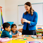 A professional young female preschool teacher intern, with a warm and engaging expression, gently guiding a diverse group of happy preschool children during a creative learning activity in a bright and colorful kindergarten classroom. The teacher is wearing modest, professional attire. The children are fully clothed in age-appropriate outfits, engaged in play and learning with enthusiasm. The classroom is well-lit, featuring child-friendly furniture and educational materials. The scene captures a positive, nurturing, and family-friendly atmosphere. Perfect anatomy, correct proportions, natural pose, well-formed hands, proper finger count, natural body proportions. Professional photography, high quality, safe for work, appropriate content, fully clothed.