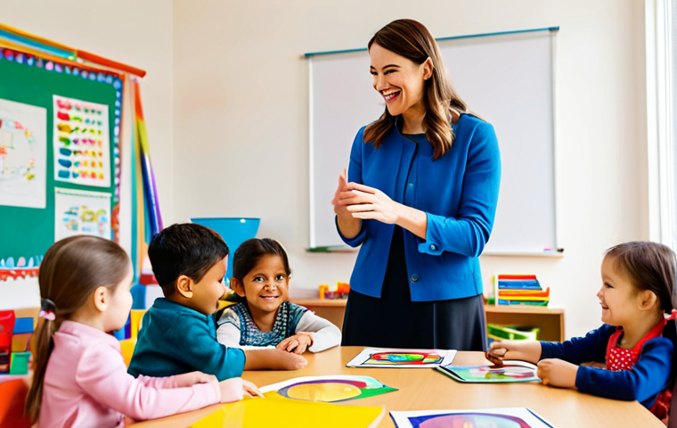 A professional young female preschool teacher intern, with a warm and engaging expression, gently guiding a diverse group of happy preschool children during a creative learning activity in a bright and colorful kindergarten classroom. The teacher is wearing modest, professional attire. The children are fully clothed in age-appropriate outfits, engaged in play and learning with enthusiasm. The classroom is well-lit, featuring child-friendly furniture and educational materials. The scene captures a positive, nurturing, and family-friendly atmosphere. Perfect anatomy, correct proportions, natural pose, well-formed hands, proper finger count, natural body proportions. Professional photography, high quality, safe for work, appropriate content, fully clothed.