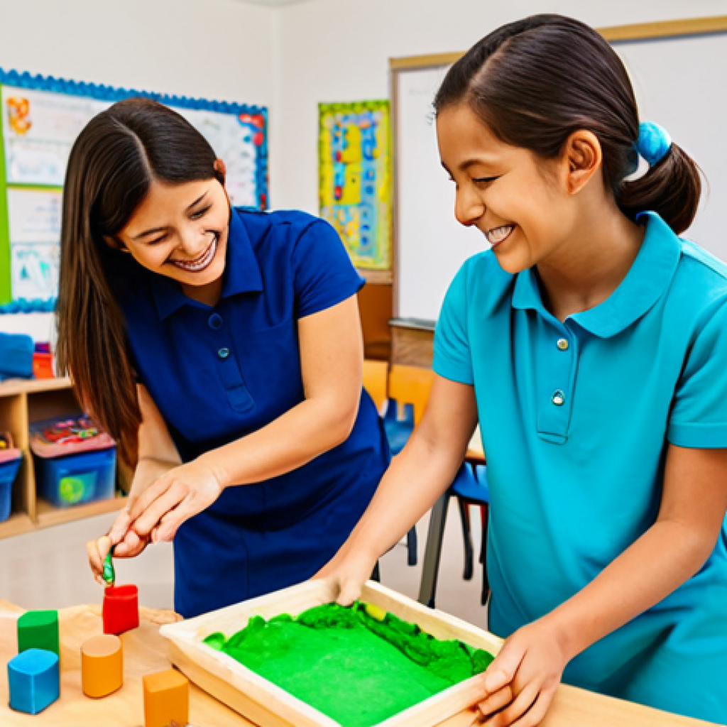A diverse group of cheerful kindergarten children, fully clothed in modest, comfortable attire, engaging in creative play with traditional educational tools in a bright, clean, and spacious classroom. One child is building a complex structure with wooden blocks, another is molding vibrant playdough into shapes, and a third is painting on an easel. A kind female kindergarten teacher, professionally dressed, is observing them with a warm smile. The scene emphasizes hands-on learning, imagination, and collaborative problem-solving. Soft, natural lighting fills the room. safe for work, appropriate content, fully clothed, family-friendly, perfect anatomy, correct proportions, natural pose, well-formed hands, proper finger count, natural body proportions, professional photography, high quality.