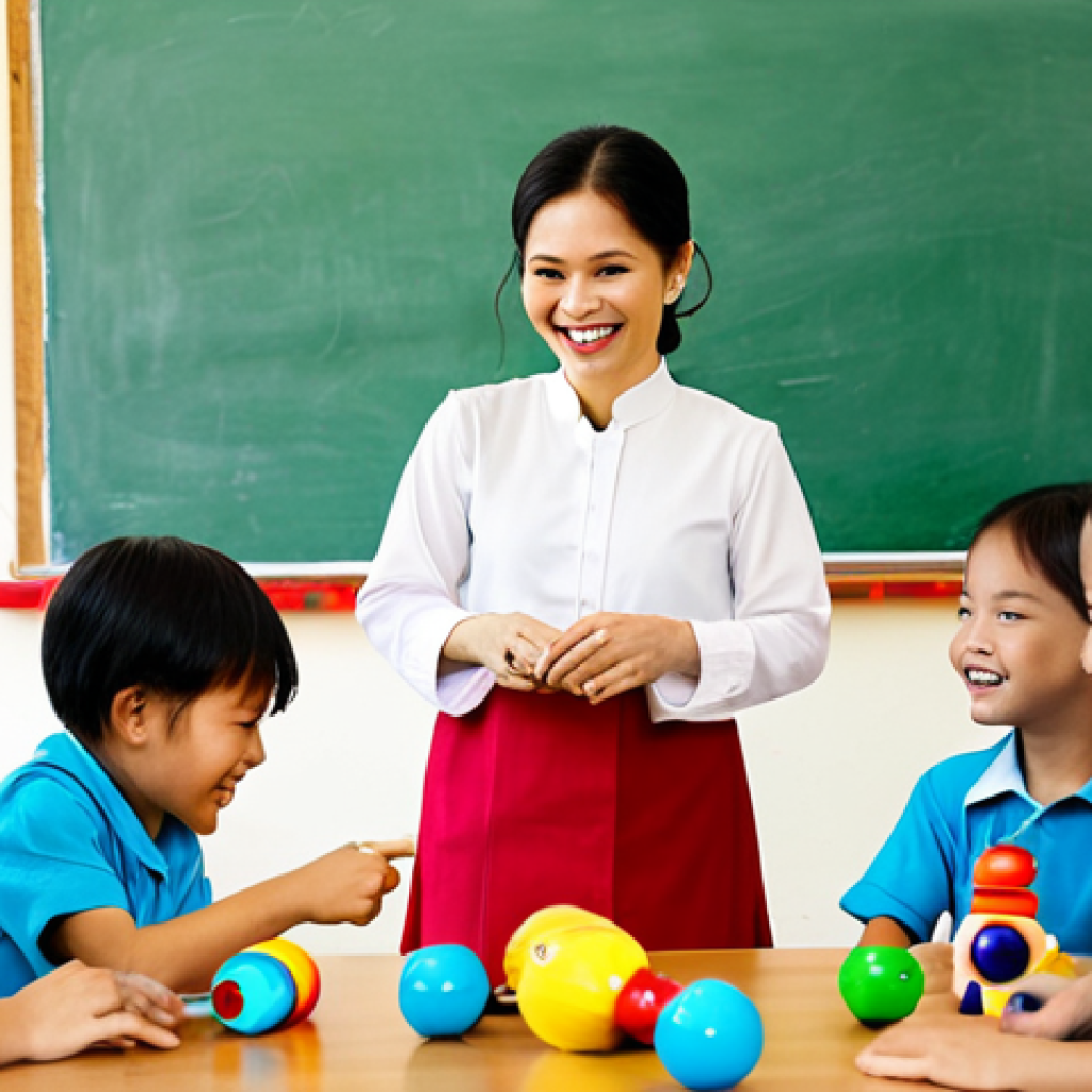 Dedicated Teacher in Action**
"A Vietnamese preschool teacher, fully clothed in áo dài (traditional Vietnamese dress), smiles warmly at a group of diverse children playing with colorful toys in a bright, naturally lit classroom. Focus on the teacher's kind eyes and gentle demeanor. Background shows learning materials and children's artwork. Safe for work, appropriate content, professional, family-friendly, perfect anatomy, natural proportions, high quality."
**