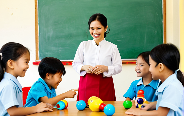 Dedicated Teacher in Action**
"A Vietnamese preschool teacher, fully clothed in áo dài (traditional Vietnamese dress), smiles warmly at a group of diverse children playing with colorful toys in a bright, naturally lit classroom. Focus on the teacher's kind eyes and gentle demeanor. Background shows learning materials and children's artwork. Safe for work, appropriate content, professional, family-friendly, perfect anatomy, natural proportions, high quality."
**