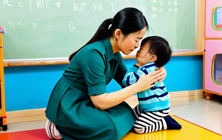 **
A Vietnamese preschool teacher in áo dài, comforting a crying child in a brightly colored classroom filled with toys and learning materials. The teacher is kneeling to be at the child's eye level. Soft, natural lighting. safe for work, appropriate content, fully clothed, professional, modest, perfect anatomy, natural proportions, well-formed hands, proper finger count.
**
