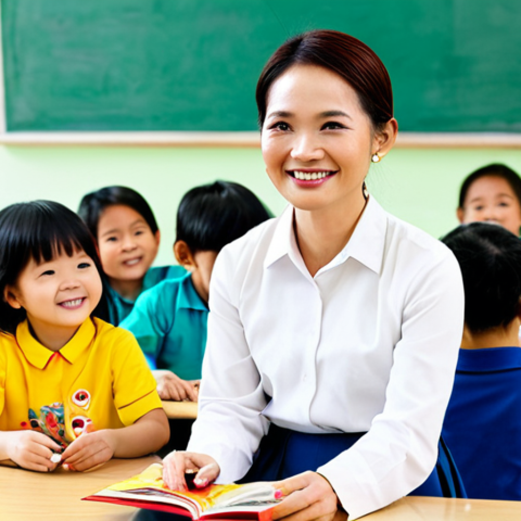 **

"A caring female kindergarten teacher in Vietnam, wearing a traditional &aacute;o d&agrave;i, fully clothed, smiling warmly at a group of young children in a colorful classroom filled with toys. The children are engaged in various activities like drawing, playing with blocks, and reading books. Safe for work, appropriate content, family-friendly, professional photography, perfect anatomy, natural pose, well-lit, high resolution."

**