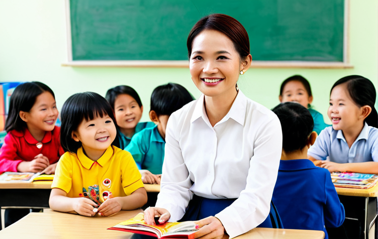 **
"A caring female kindergarten teacher in Vietnam, wearing a traditional áo dài, fully clothed, smiling warmly at a group of young children in a colorful classroom filled with toys. The children are engaged in various activities like drawing, playing with blocks, and reading books. Safe for work, appropriate content, family-friendly, professional photography, perfect anatomy, natural pose, well-lit, high resolution."
**