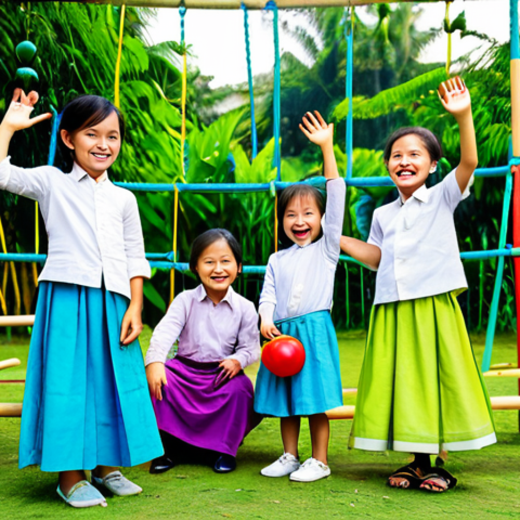 Outdoor Playtime**
"A group of smiling, fully clothed preschool children playing traditional Vietnamese games in a lush, green outdoor playground. They wear colorful, modest clothing. Teachers supervise with gentle encouragement. The scene is family-friendly, safe for work, and depicts appropriate content. Perfect anatomy, natural poses, vibrant colors, high-quality rendering, professional photography."
**