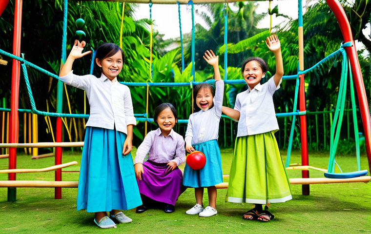 Outdoor Playtime**
"A group of smiling, fully clothed preschool children playing traditional Vietnamese games in a lush, green outdoor playground. They wear colorful, modest clothing. Teachers supervise with gentle encouragement. The scene is family-friendly, safe for work, and depicts appropriate content. Perfect anatomy, natural poses, vibrant colors, high-quality rendering, professional photography."
**