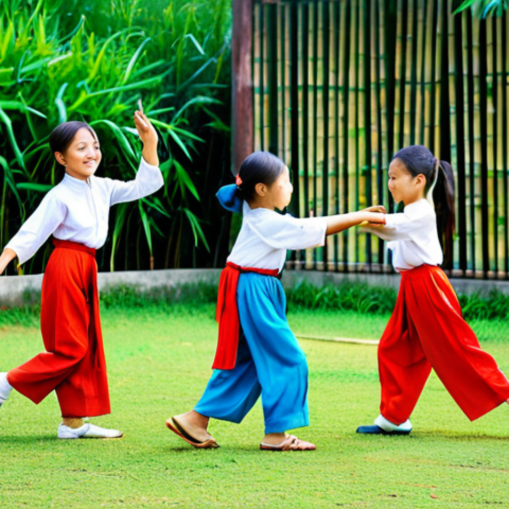 Vietnamese Children Learning Traditional Games**
"A group of young Vietnamese children, fully clothed in áo bà ba, are playing a traditional folk game like "nhảy sạp" (bamboo dance) in a brightly lit, grassy schoolyard. Appropriate attire, perfect anatomy, well-formed hands, natural pose, vibrant colors, safe for work, family-friendly, professional illustration."
**