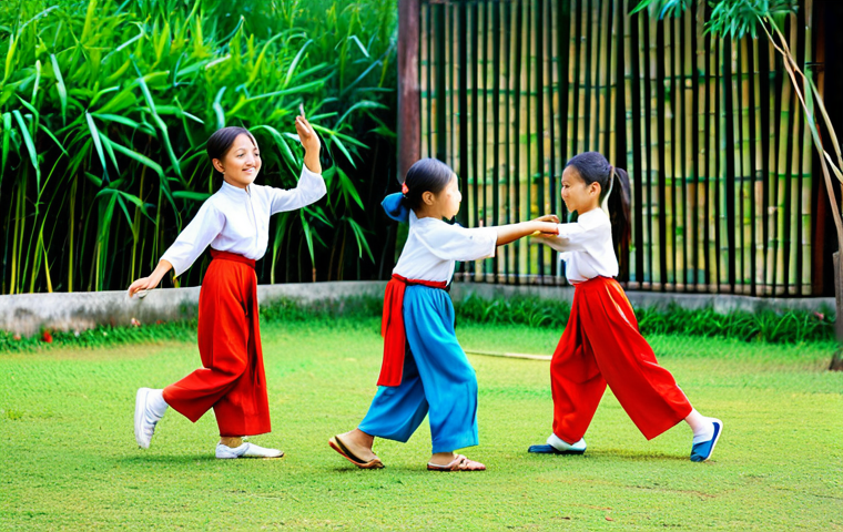 Vietnamese Children Learning Traditional Games**
"A group of young Vietnamese children, fully clothed in áo bà ba, are playing a traditional folk game like "nhảy sạp" (bamboo dance) in a brightly lit, grassy schoolyard. Appropriate attire, perfect anatomy, well-formed hands, natural pose, vibrant colors, safe for work, family-friendly, professional illustration."
**