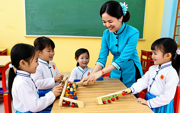 **
A kindergarten teacher in a traditional Ao Dai, interacting with a group of smiling children playing with đồ chơi gỗ (wooden toys) in a bright, colorful classroom decorated with tranh dân gian Đông Hồ (Dong Ho folk paintings). Fully clothed, appropriate attire, safe for work, perfect anatomy, natural proportions, professional, modest, family-friendly.
**