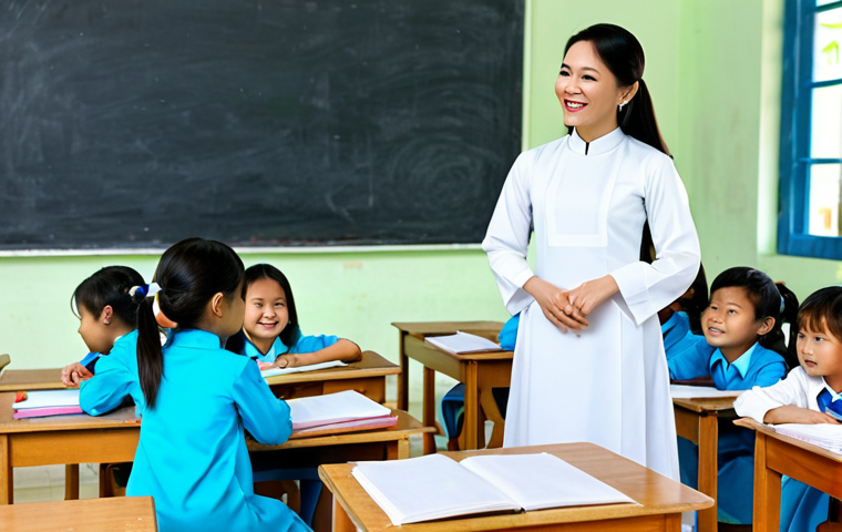 유아교육지도사로서의 근무지 문화 이해 - Thriving in a Public School**
"A young, smiling teacher in a modest, professional ao dai, interacti...