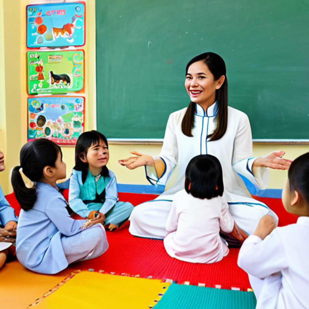 유아교육지도사 연수와 자격증 시험의 차이 - **

A Vietnamese kindergarten teacher, fully clothed in a traditional Ao Dai (or a modern, modest bl...