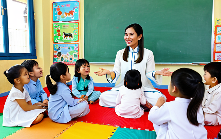 유아교육지도사 연수와 자격증 시험의 차이 - **
A Vietnamese kindergarten teacher, fully clothed in a traditional Ao Dai (or a modern, modest bl...