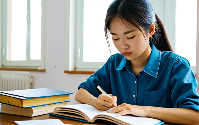 유아교육지도사 필기시험 대비 시간 분배법 - Focused Study Session**
"A young Vietnamese woman, fully clothed in casual but modest attire, study...