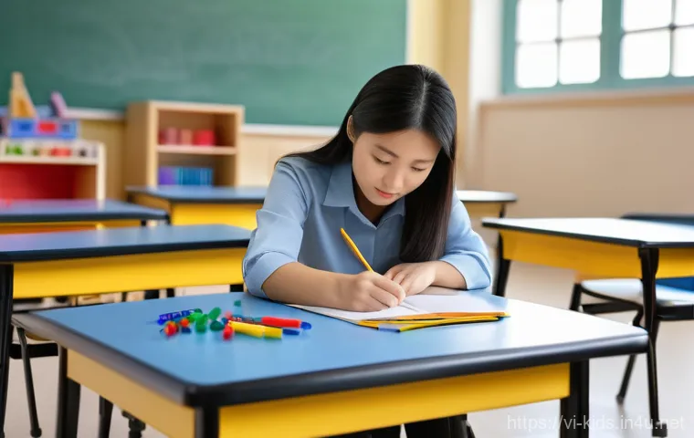 유아교육지도사로서 근무 중 발생하는 긴급 상황 대처 - **Prompt 1: Proactive Classroom Safety Inspection**
"A dedicated Vietnamese female preschool tea...