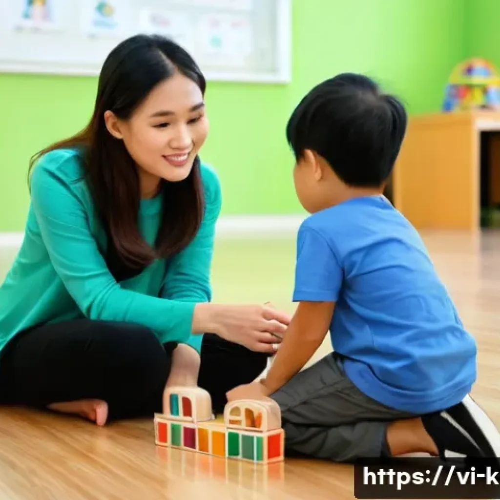 유아교육지도사 실무 사례 연구 방법 - **Prompt:** A heartwarming scene inside a brightly lit, modern Vietnamese preschool classroom. A kin...