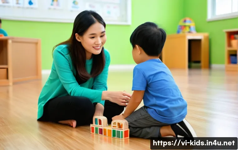 유아교육지도사 실무 사례 연구 방법 - **Prompt:** A heartwarming scene inside a brightly lit, modern Vietnamese preschool classroom. A kin...