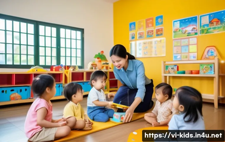 유아교육지도사 자격증 시험의 과목별 난이도 분석 - A warm and colorful preschool classroom scene in Vietnam, showing a female teacher in modest casual ...