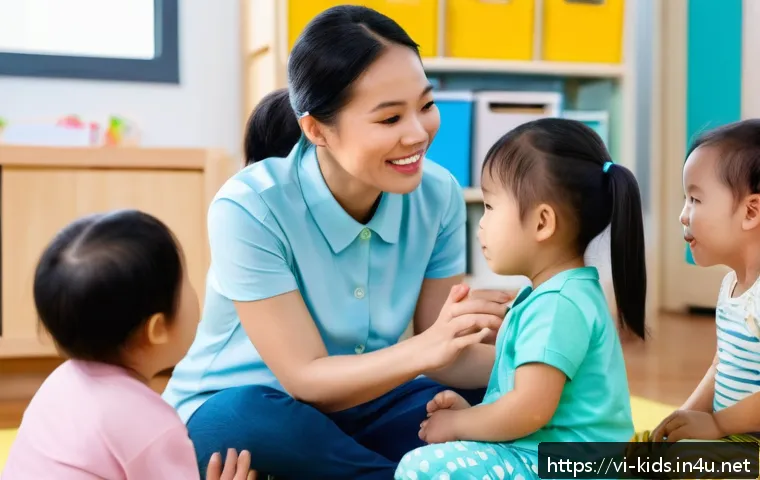 유아교육지도사로서 경력 개발을 위한 활동 사례 - A warm, bright Vietnamese preschool classroom scene featuring a female teacher attentively communica...
