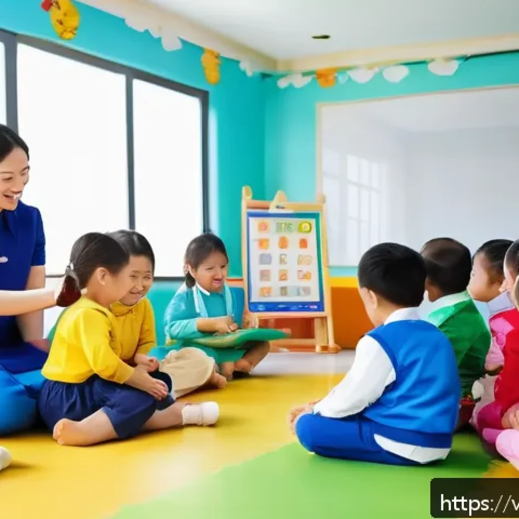 유아교육지도사 네트워킹의 중요성 - A vibrant and modern Vietnamese preschool classroom scene showing diverse teachers and young childre...