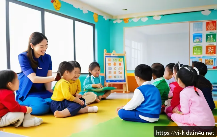 유아교육지도사 네트워킹의 중요성 - A vibrant and modern Vietnamese preschool classroom scene showing diverse teachers and young childre...