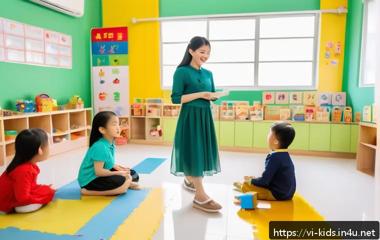 유아교육지도사 직무별 요구 사항 - A warm and inviting preschool classroom scene in Vietnam, featuring a diverse group of young childre...