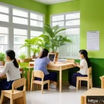 Home 22 유아교육지도사 직무 만족도를 높이는 환경 조성법 - A bright and inviting kindergarten teacher’s workspace in Vietnam, featuring large windows with abun...