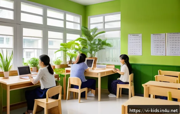 유아교육지도사 직무 만족도를 높이는 환경 조성법 - A bright and inviting kindergarten teacher’s workspace in Vietnam, featuring large windows with abun...