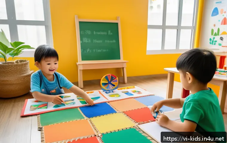 유아교육지도사 강의 중 빈출 실수와 해결법 - A vibrant and colorful preschool classroom in Vietnam filled with natural elements like green plants...