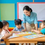 Home 20 유아교육지도사 직무 인터뷰에서 준비할 점 - A cheerful Vietnamese preschool teacher wearing a neat, light blue blouse and beige trousers, intera...