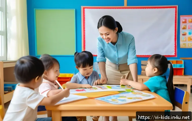 유아교육지도사 직무 인터뷰에서 준비할 점 - A cheerful Vietnamese preschool teacher wearing a neat, light blue blouse and beige trousers, intera...