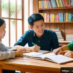 Home 19 유아교육지도사 자격증 시험 합격률 높이는 팁 - A group study session in a cozy Vietnamese living room, featuring diverse young adults focused on ea...
