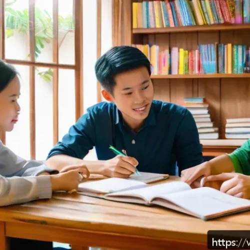 Home 31 유아교육지도사 자격증 시험 합격률 높이는 팁 - A group study session in a cozy Vietnamese living room, featuring diverse young adults focused on ea...