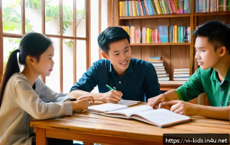 유아교육지도사 자격증 시험 합격률 높이는 팁 - A group study session in a cozy Vietnamese living room, featuring diverse young adults focused on ea...