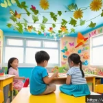 Home 18 유아교육지도사 주제별 교육 사례 분석 - A vibrant preschool classroom decorated with a spring theme, featuring colorful paper flowers, butte...