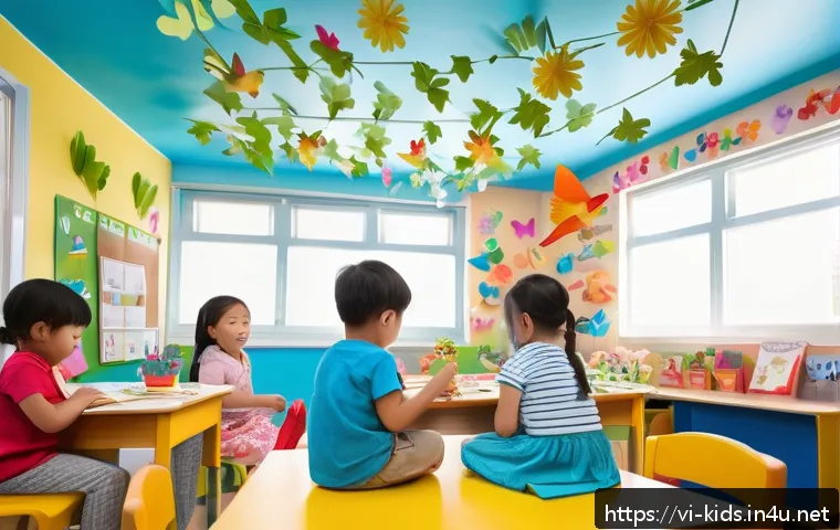 유아교육지도사 주제별 교육 사례 분석 - A vibrant preschool classroom decorated with a spring theme, featuring colorful paper flowers, butte...