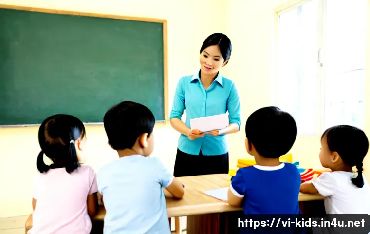 Home 13 유아교육지도사로서의 학생 평가 방법 - Photorealistic early childhood educator in a bright Vietnamese preschool classroom, thoughtfully obs...